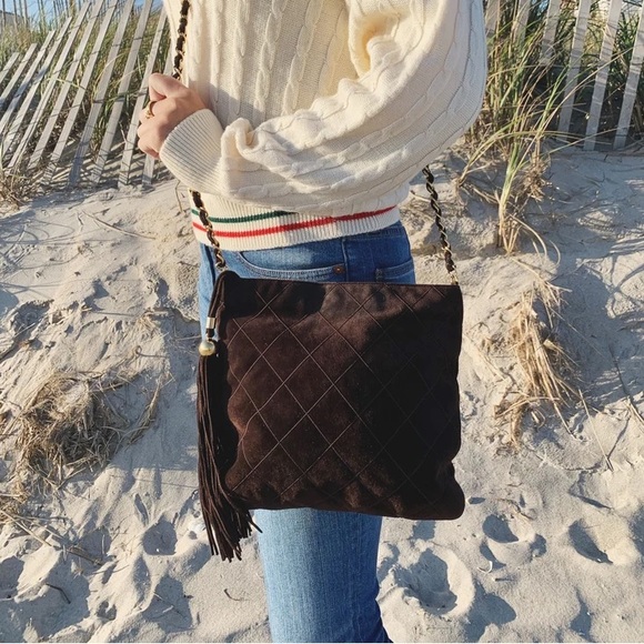 Vintage CHANEL Suede Quilted Purse Shoulder Bag - Picture 8 of 10